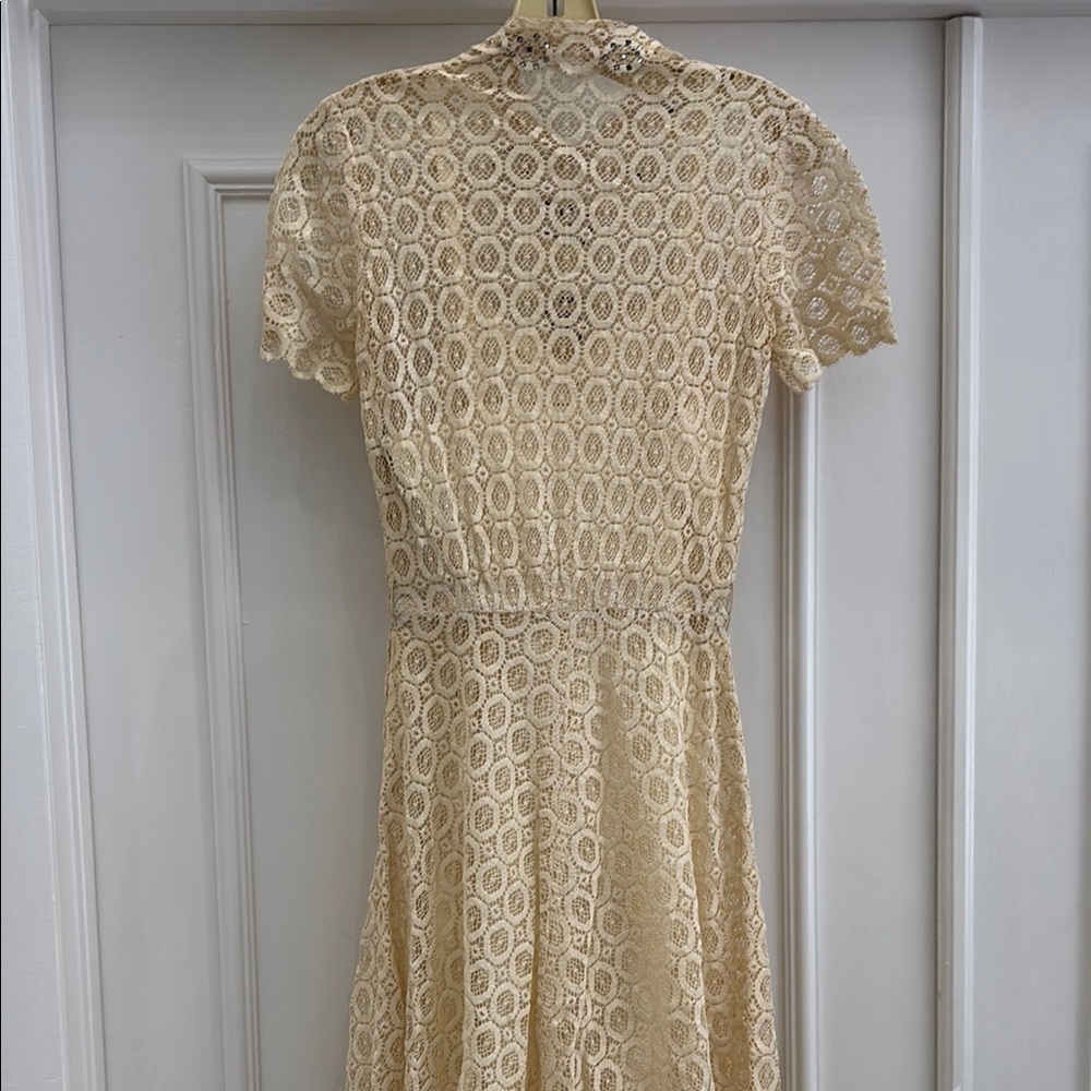 70s Vintage Cream Lace Dress with Satin Slip Rhinestone Detail Small - Picture 6 of 10